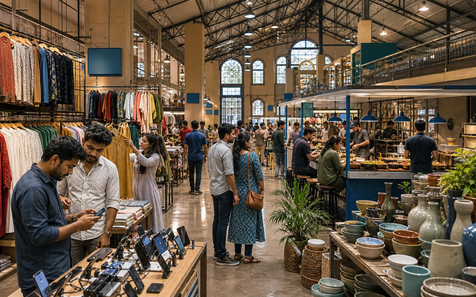 A diverse local bazaar showing clothing, electronics, food and homeware sections