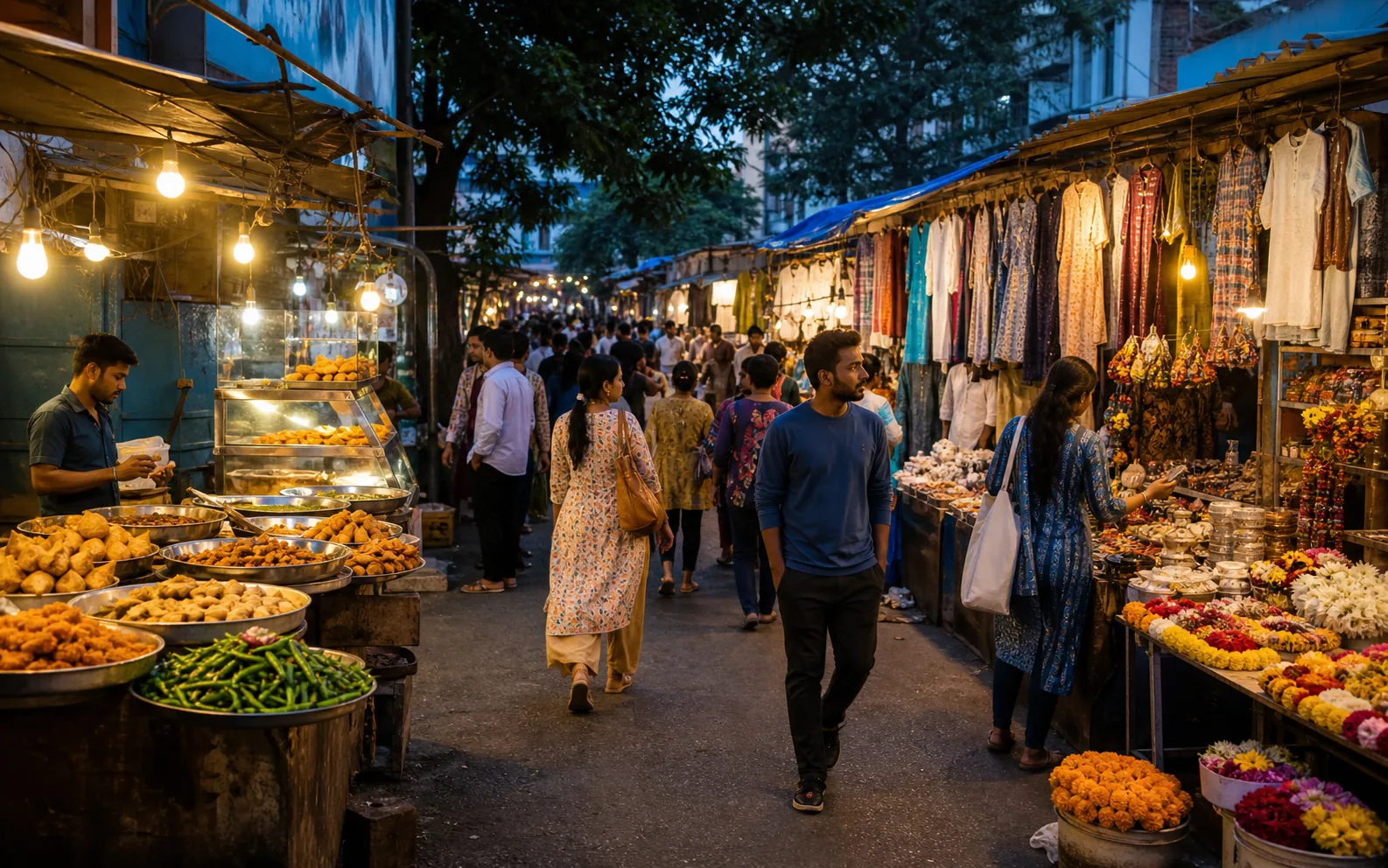 A lively Indian market street with food, clothing and craft stalls
