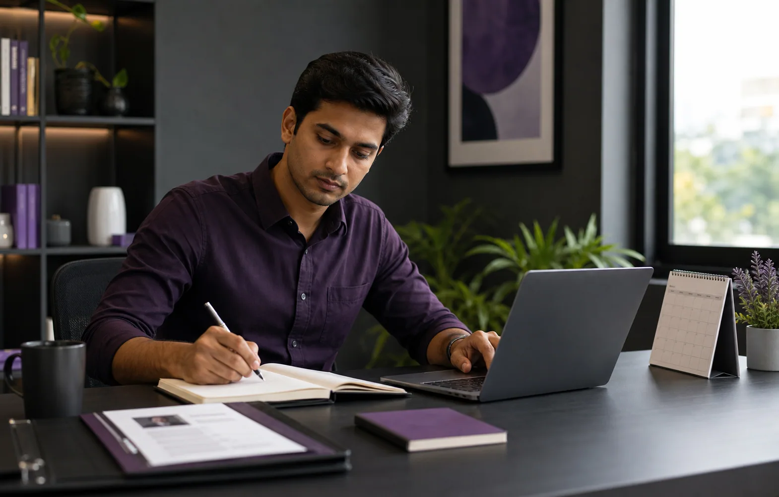 A focused candidate organising applications, networking and interview preparation