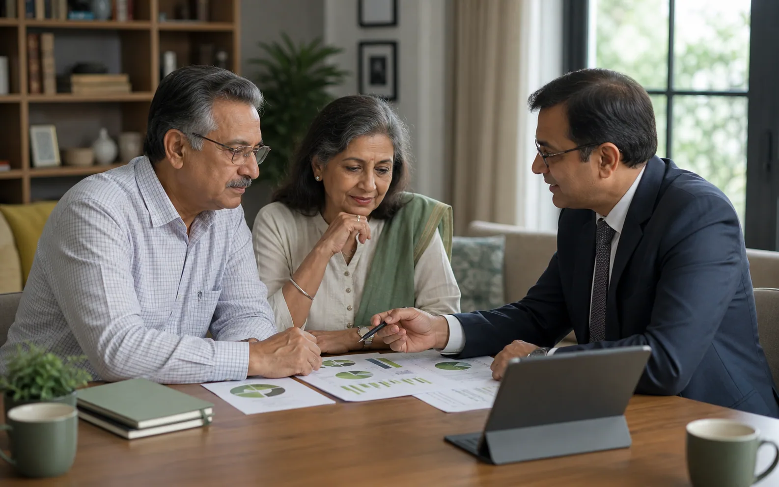 An Indian couple reviewing retirement expenses, income sources and long-term reserves