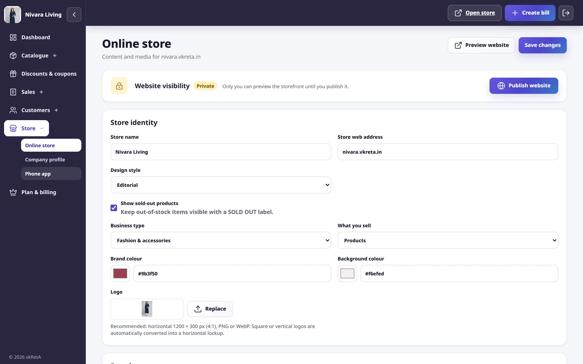 Setting the store name, web address and design in vkRetA