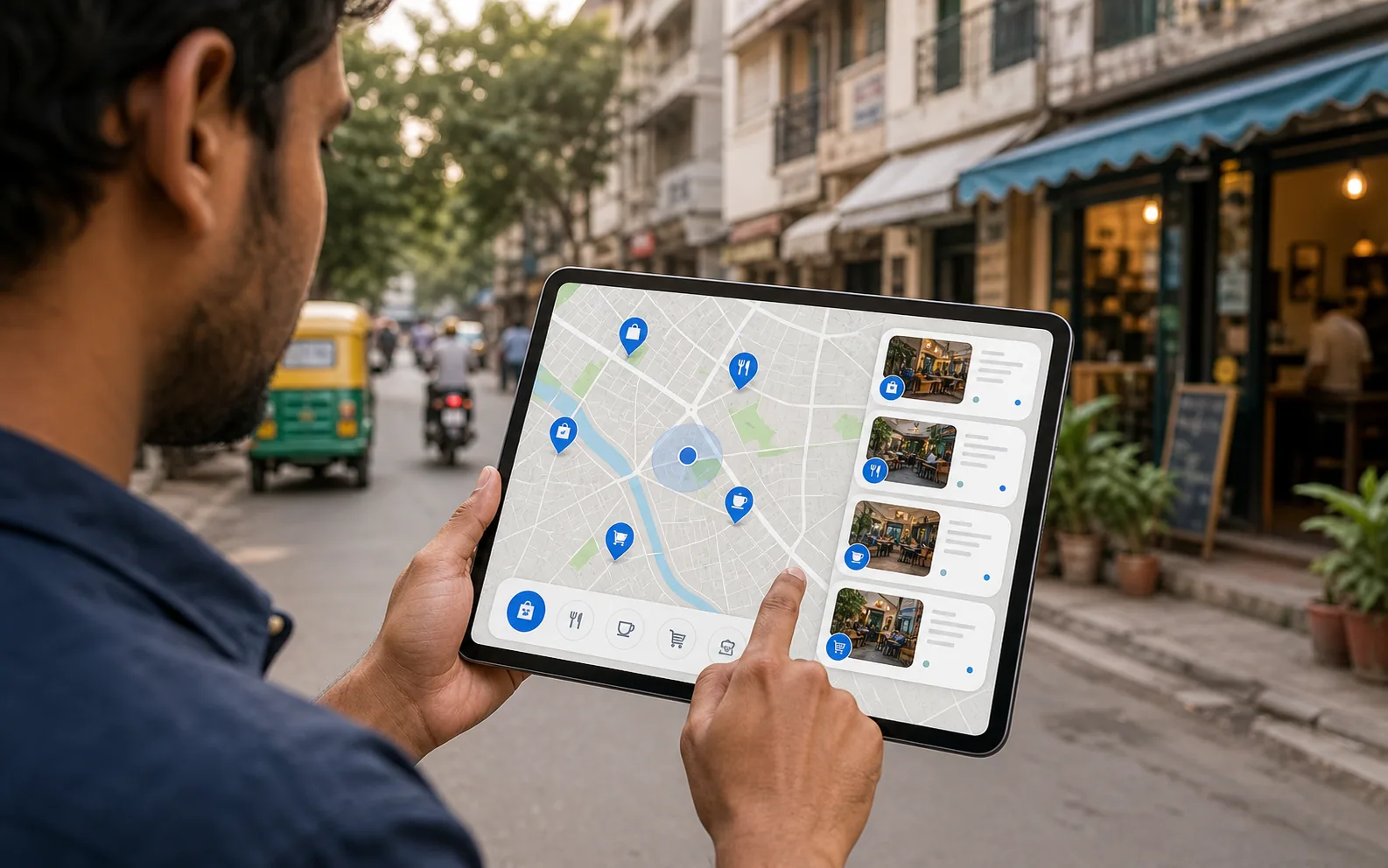 A map-based local discovery interface surfacing useful nearby places with clear reasons