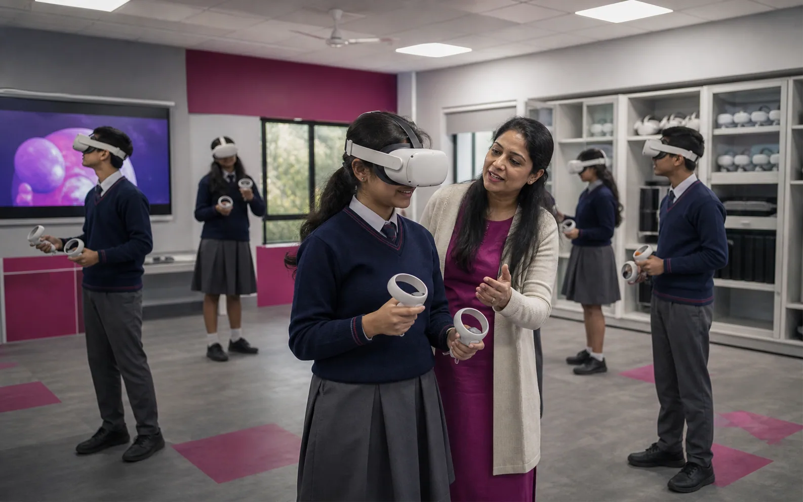Students and a teacher using supervised VR equipment in a well-organised school lab