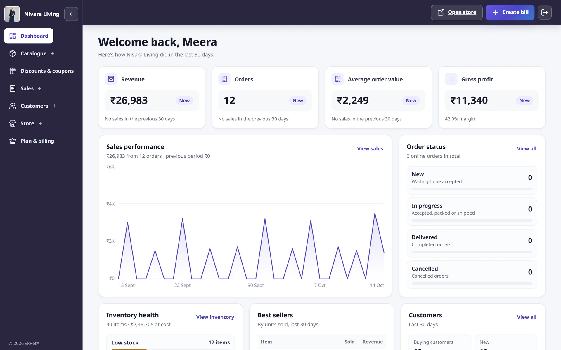 vkRetA dashboard with revenue, orders, average order value, gross profit and a 30-day sales chart